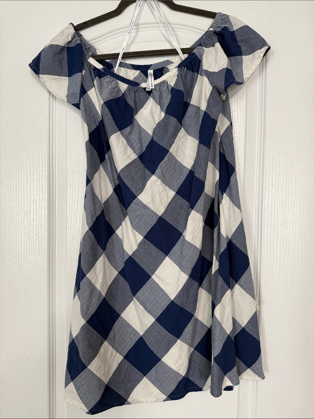 Southern Tide Navy and White Gingham Off-Shoulder Dress